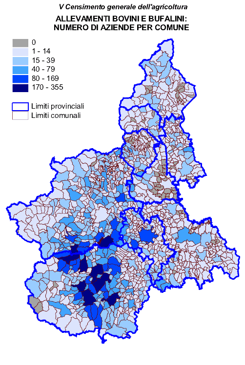 Bovini e bufalini: numero di aziende per comune
