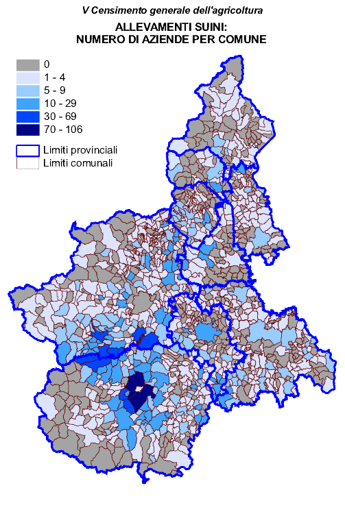 Suini: numero di aziende per comune
