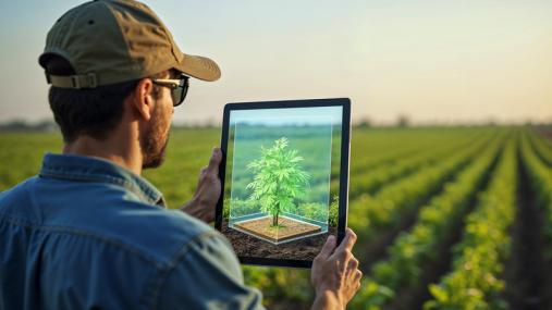 Agricoltore nei campi con il tablet