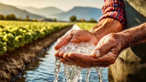 Agricoltore che attinge acqua con le mani 