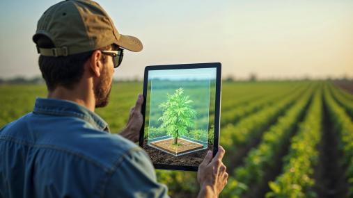 Agricoltore nei campi con il tablet 