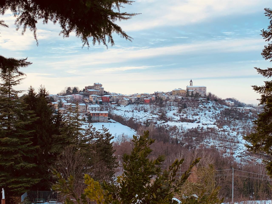 Mornese (AL). Panoramica. Immagine tratta dal sito del Comune. Tra la vegetazione compare, su una collina in lontananza, il paese di Mornese imbiancato dalla neve 
