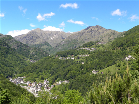 Fobello (VC). Il paese minuscolo visto dall'alto è immerso nel verde della vallata. Sullo sfondo due montagne brulle. Il cielo è azzurro con piccole nuvole bianche 