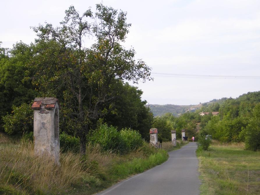 Castelletto d'Orba (AL). Percorso nel verde con a sinistra piccole edicole della via crucis (2014) 