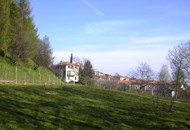 Soriso (NO). Scorcio in lontananza del paese. In primo piano prati verdi e alberi sul lato sinistro dell'immagine. Immagine tratta dal sito del Comune 
