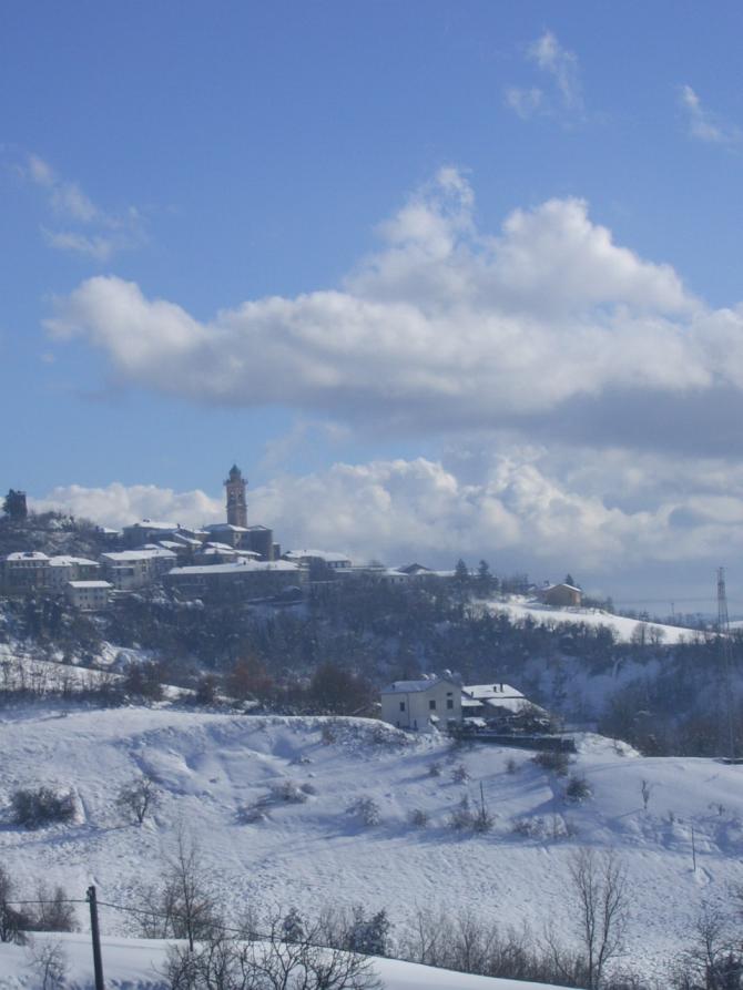 Pareto (AL). I campi innevati si allungano verso il paese. Gli alberi e i cespugli sono completamente spogli. I tetti delle case imbiancati quasi si confondono con le nuvole sparse nel cielo. Immagine tratta dal sito del Comune 