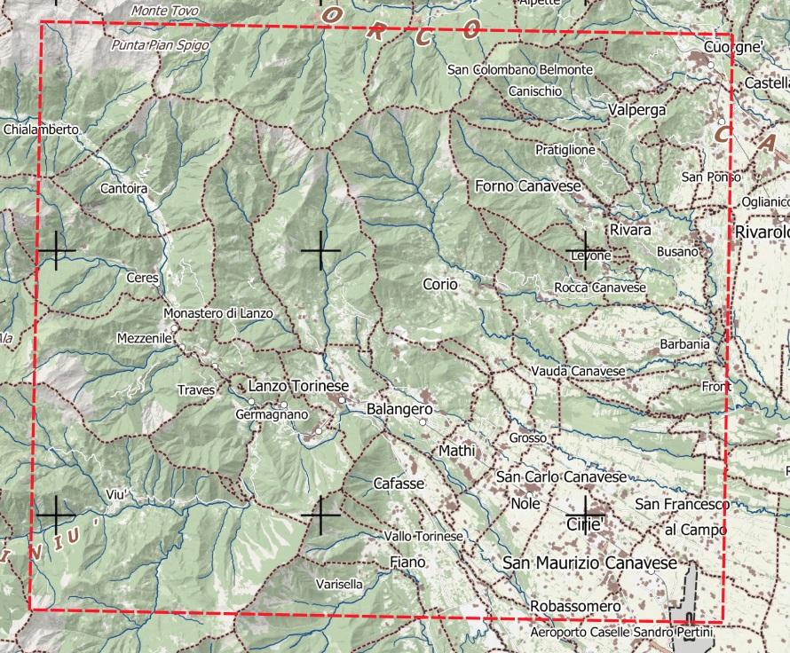 Mappa con l'area del foglio Cirié sullo sfondo cartografico regionale 1:250000 