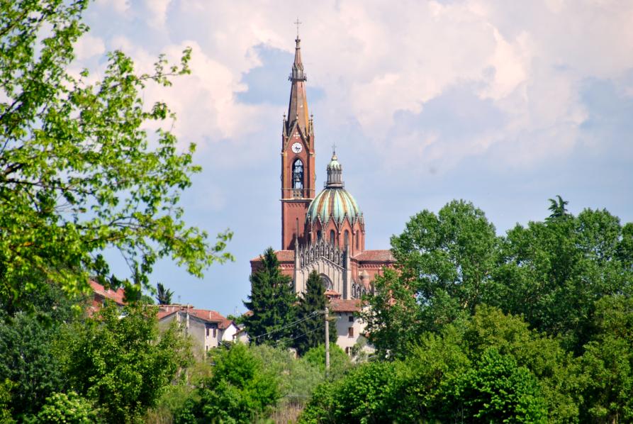 Sezzadio (AL). Dalle folte chiome degli alberi emerge parte del complesso della Chiesa di Maria Immacolata. Il cielo è nuvoloso. Fotografia di Barbara Ricagno (2015) 
