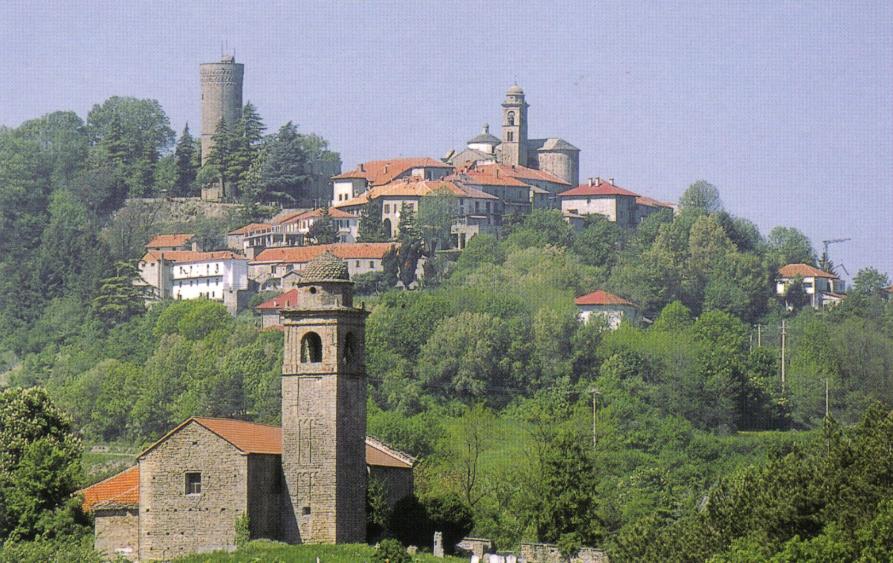 Roccaverano (AT). Panoramica del paese avvolto dalla vegetazione. Il cielo alle spalle è azzurro 