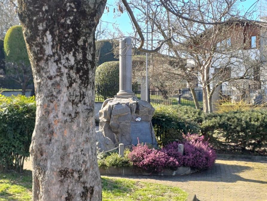 Salussola (BI). Un albero in primo piano a sinistra affianca il monumento ai caduti circondato da cespugli verdi e fiori. Immagine tratta dal sito del Comune (2025)  