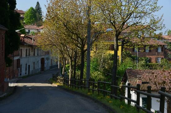 Scurzolengo (AT). La strada è in discesa è costeggiata a sinistra da edifici a due piani e a destra da una recinzione di legno e alberi in germoglio 