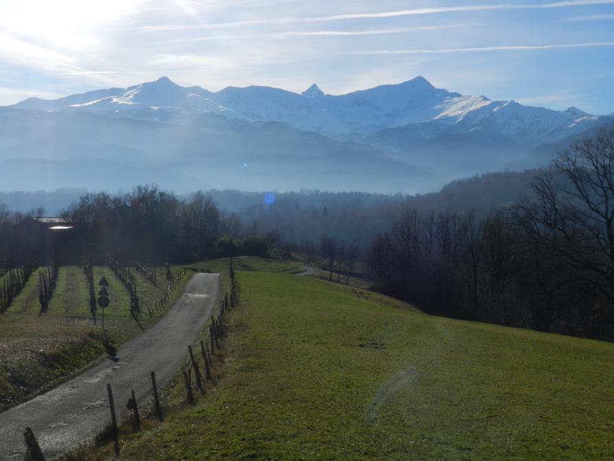 Bricherasio (TO). Vista panoramica della località Santa Caterina. A sinistra un sentiero sterrato, delimitato da staccionata in legno, scende dolcemente lungo la collina. Sullo sfondo alberi autunnali. Le montagne in lontananza sono coperte da foschia e le cime innevate quasi si confondono nel cielo nuvoloso 