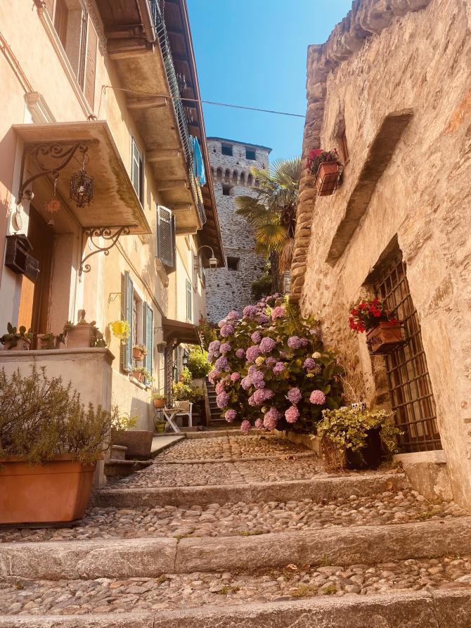 Vogogna (VCO). Le case costeggiano una salita a gradoni in ciottoli. A destra un cespuglio di fiori fiorito. In lontananza uno scorcio della torre del castello  