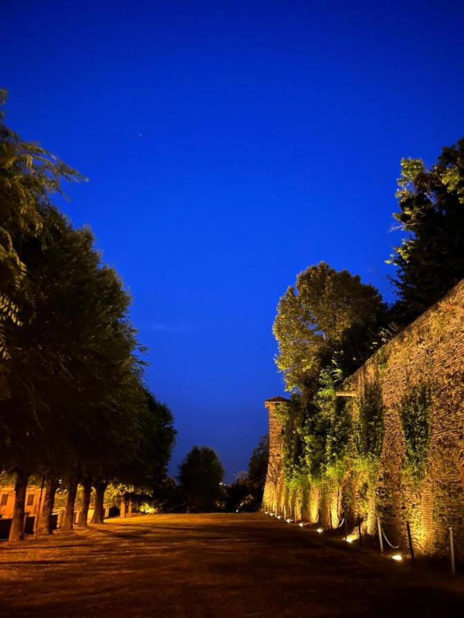 Castelletto Molina (AT). Vista notturna di Piazza Romita. A sinistra una lunga fila di alberi frondosi e a destra le mura 